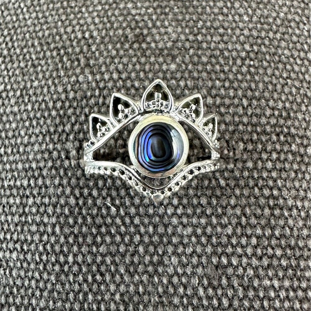 Abalone‎ Inlay Round Cut .925 Sterling Silver Ring Size 7 Bezel Blue Marquisette